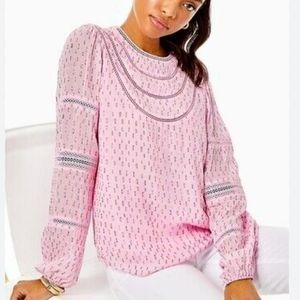 Lilly Pulitzer BRILEY LACE TOP Calla Lilly Pink Viscose Metallic Gold size small